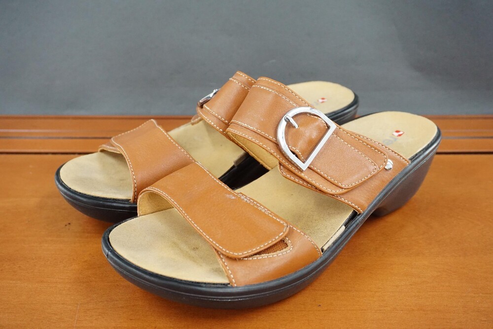 Revere Sandals Womens Size 9 Wide London Tan Wedge Slide Straps Comfort Slip On